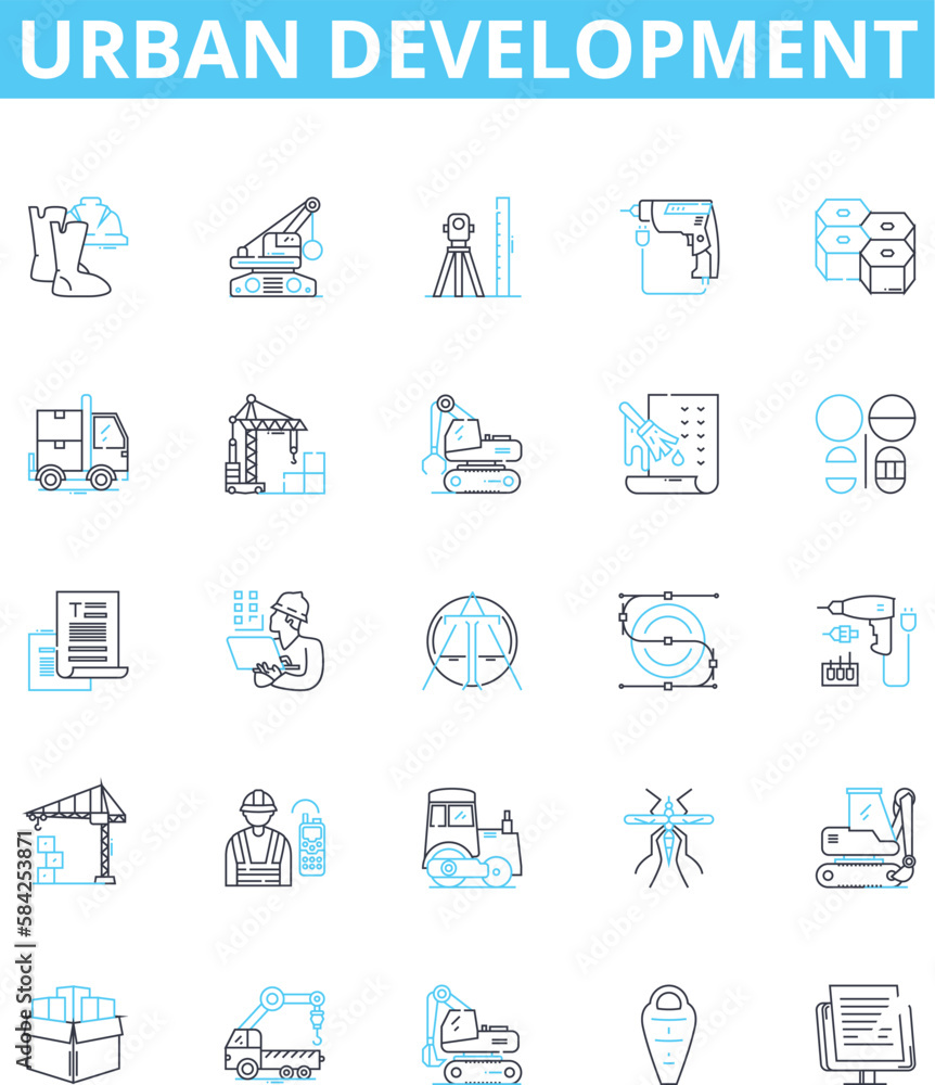 Urban development vector line icons set. Urban, Development, Cities, Infrastructure, Housing, Sustainability, Technology illustration outline concept symbols and signs