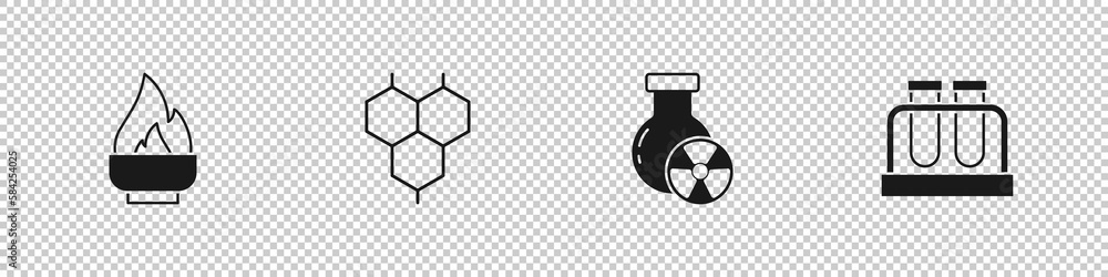Set Alcohol or spirit burner, Chemical formula, Test tube radiation and and flask icon. Vector
