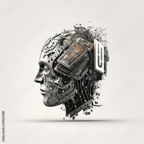 Cyborg head, with gears and wires. Android head thinking, close eyes.