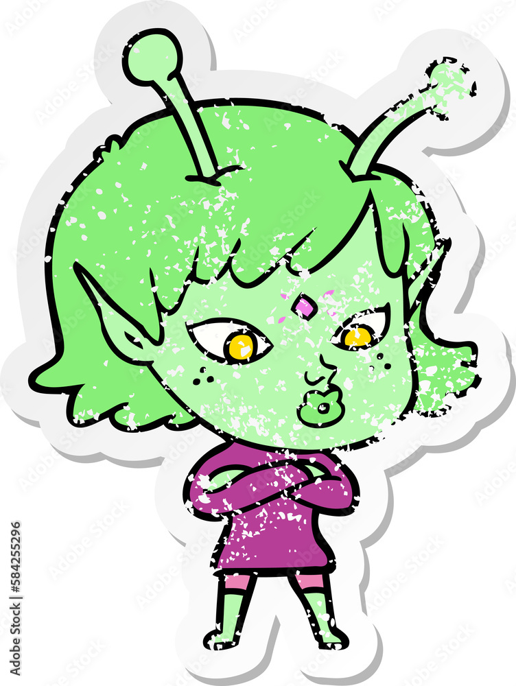 distressed sticker of a pretty cartoon alien girl distressed sticker of a pretty cartoon alien girl