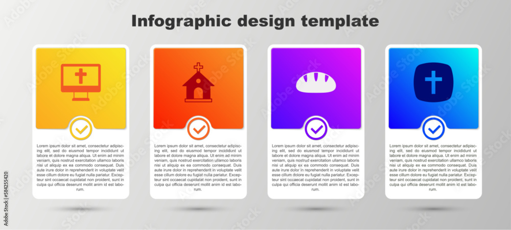 Set Christian cross on monitor, Church building, bread and . Business infographic template. Vector Set Christian cross on monitor, Church building, bread and . Business infographic template. Vector