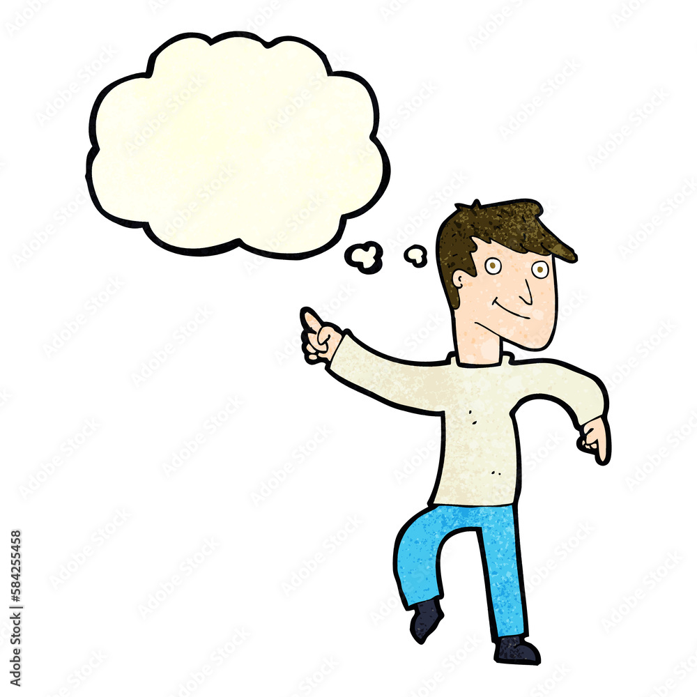 cartoon happy man pointing with thought bubble cartoon happy man pointing with thought bubble