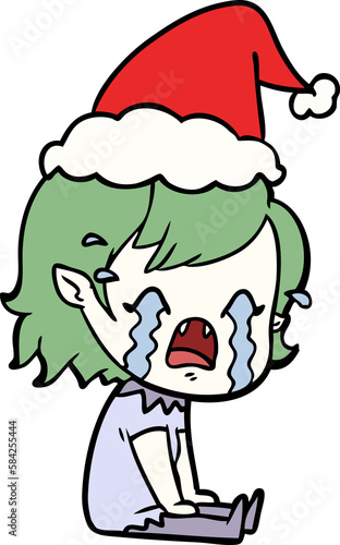 line drawing of a crying vampire girl wearing santa hat