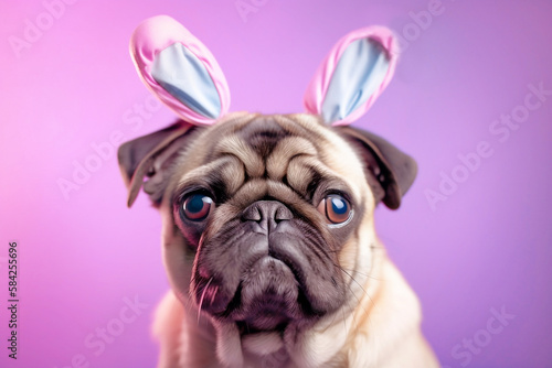 Funny pug dog with pink Easter bunny ears on purple background. Generative AI © Firn