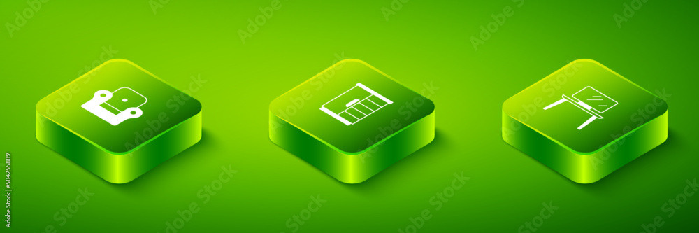 Set Isometric Wardrobe, TV table stand and Armchair icon. Vector Set Isometric Wardrobe, TV table stand and Armchair icon. Vector
