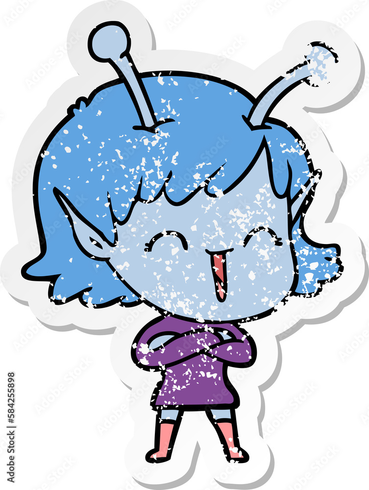 distressed sticker of a cartoon happy alien girl distressed sticker of a cartoon happy alien girl