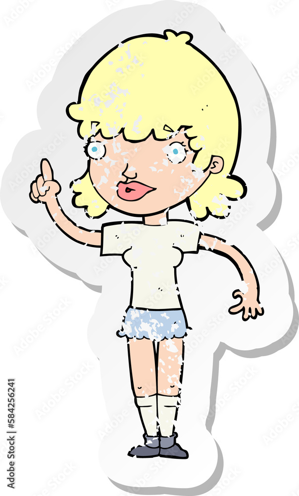retro distressed sticker of a cartoon woman with idea retro distressed sticker of a cartoon woman with idea