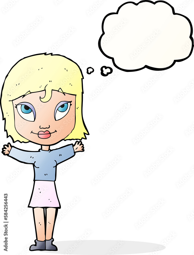 cartoon woman with open arms with thought bubble cartoon woman with open arms with thought bubble