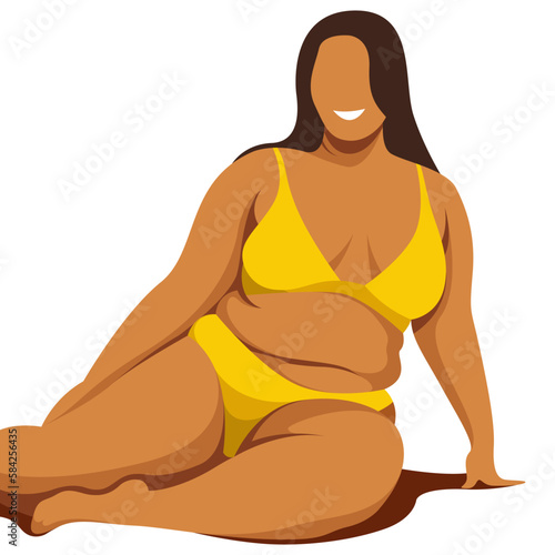 vector image on the theme of body positivity. a curvy plump girl sits in yellow underwear and is not shy by belly rolls and the fat folds on her body. isolated on white background. love your body.