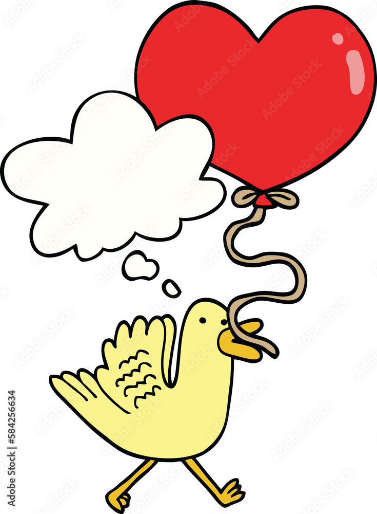 cartoon bird with heart balloon and thought bubble