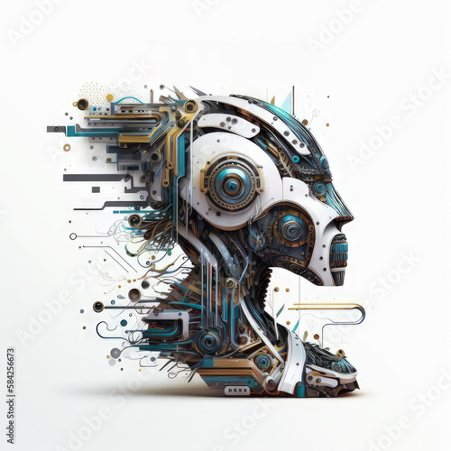 Cybernetic robot head, artificial intelligence, illustration futuristic concept