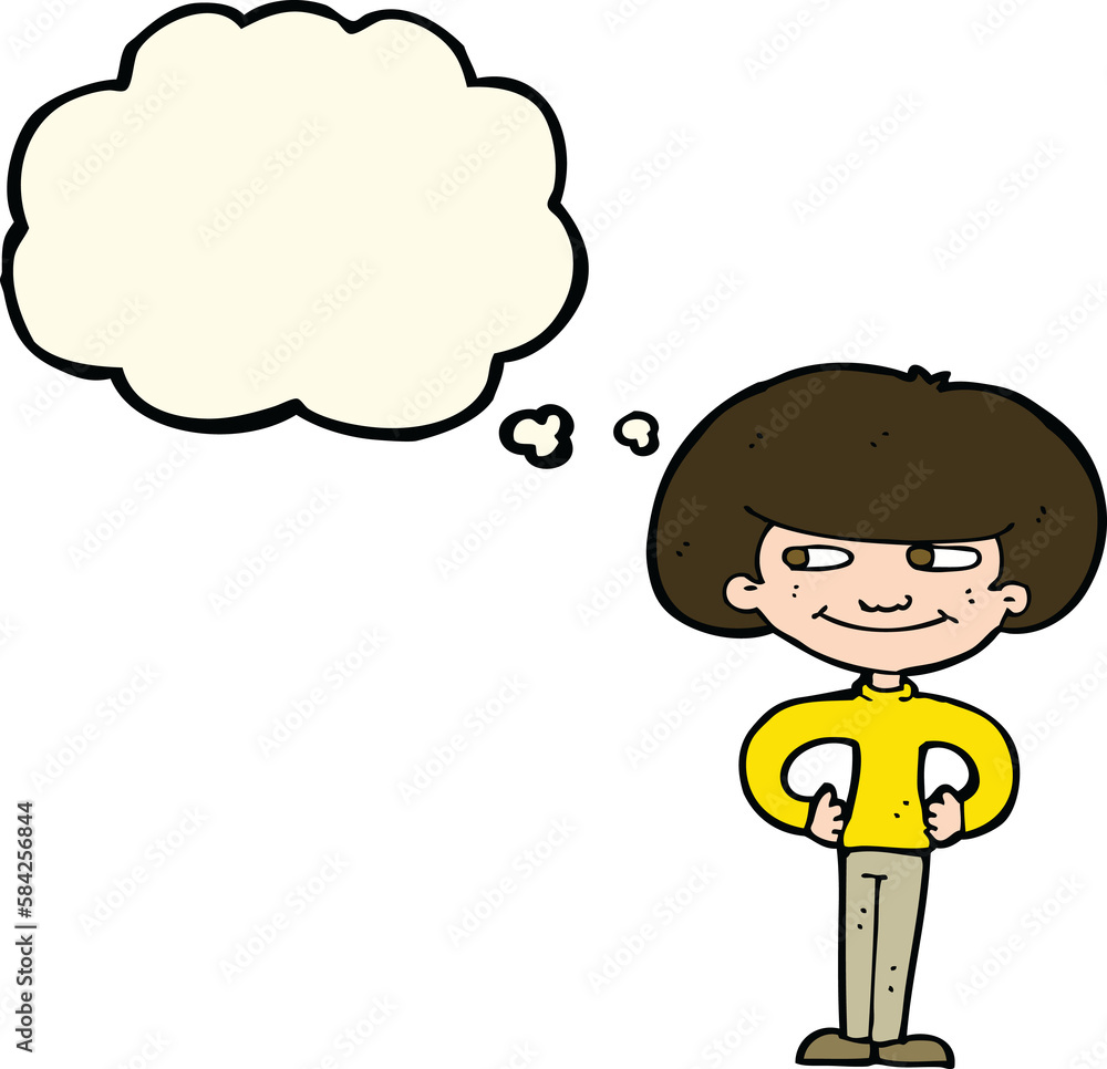 cartoon boy with hands on hips with thought bubble cartoon boy with hands on hips with thought bubble