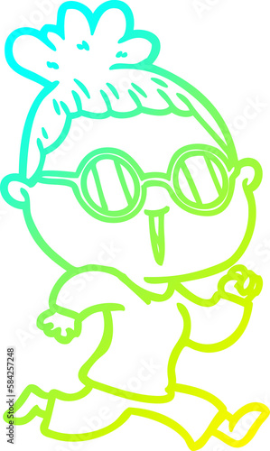 cold gradient line drawing cartoon running woman wearing spectacles
