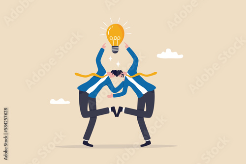 Cooperation to success together, brainstorm new idea or share knowledge, collaborate to get solution, team innovation or partnership, businessmen in think together posing pointing at lightbulb idea.
