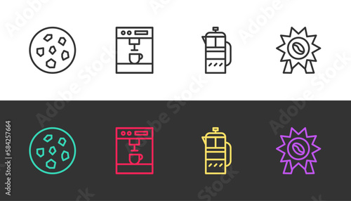 Set line Cookie or biscuit, Coffee machine, French press and Medal for coffee on black and white. Vector