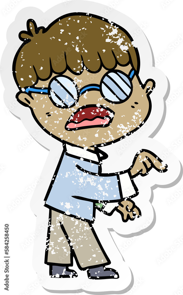 distressed sticker of a cartoon boy wearing spectacles