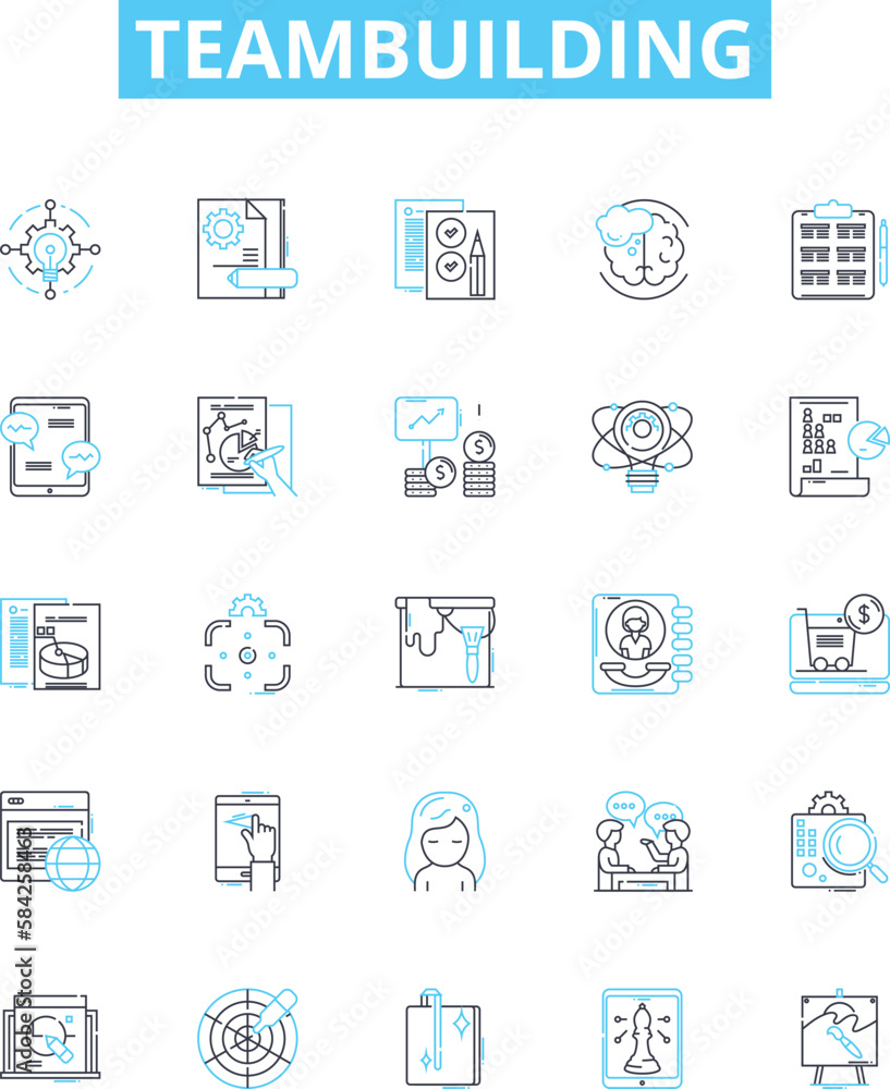 Teambuilding vector line icons set. Teamwork, Collaboration, Problem-solving, Communication, Constructive, Interaction, Motivation illustration outline concept symbols and signs Teambuilding vector line icons set. Teamwork, Collaboration, Problem-solving, Communication, Constructive, Interaction, Motivation illustration outline concept symbols and signs