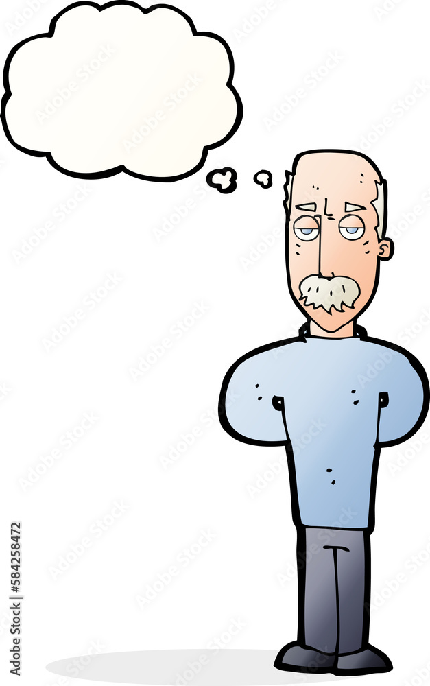 cartoon annoyed balding man with thought bubble