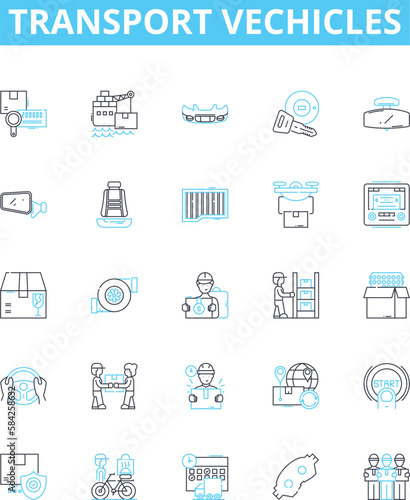 Transport vechicles vector line icons set. Car, Bus, Truck, Van, Plane, Boat, Motorcycle illustration outline concept symbols and signs