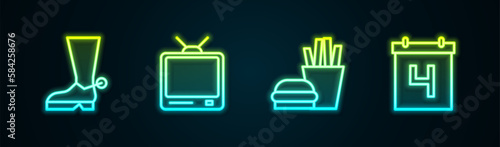 Set line Cowboy boot, Retro tv, Burger and french fries and Calendar with date July 4. Glowing neon icon. Vector