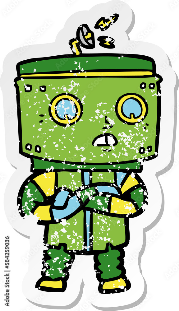 distressed sticker of a cartoon robot distressed sticker of a cartoon robot