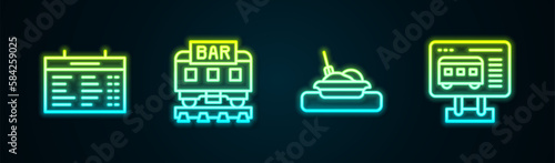 Set line Train station board, Restaurant train, Plate with food and Ticket office to buy tickets. Glowing neon icon. Vector