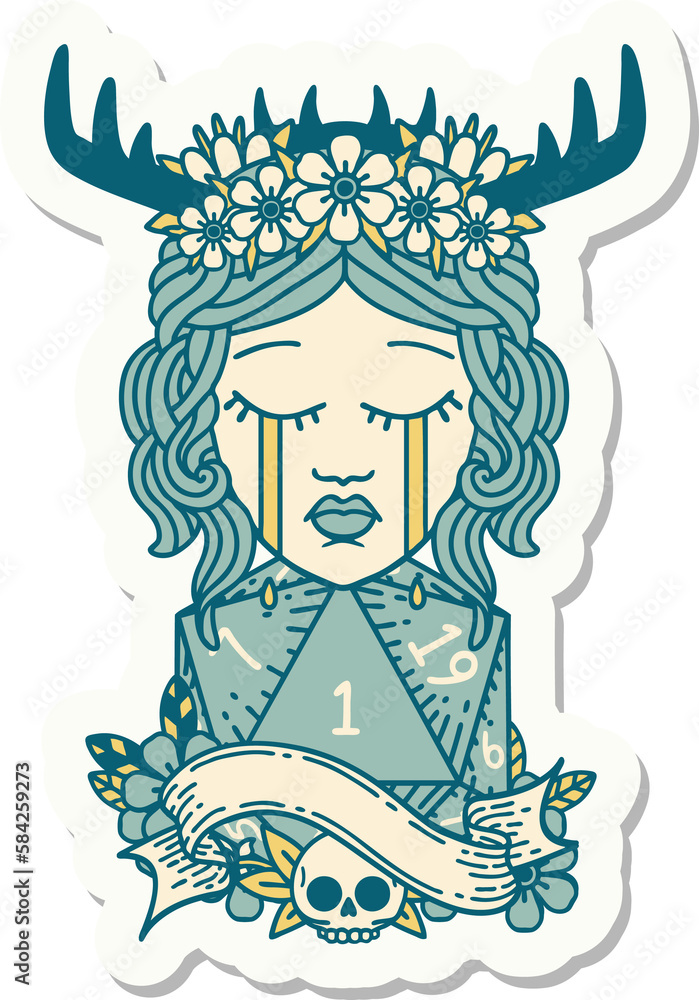 crying human druid with natural one d20 roll sticker crying human druid with natural one d20 roll sticker
