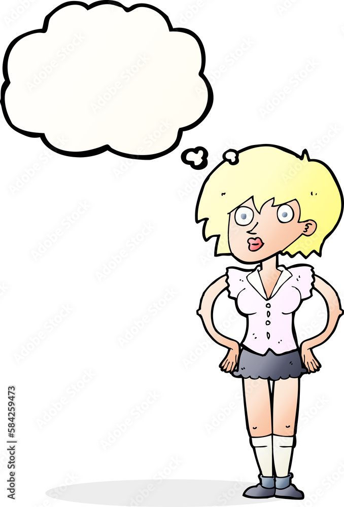 cartoon surprised woman with hands on hips with thought bubble cartoon surprised woman with hands on hips with thought bubble