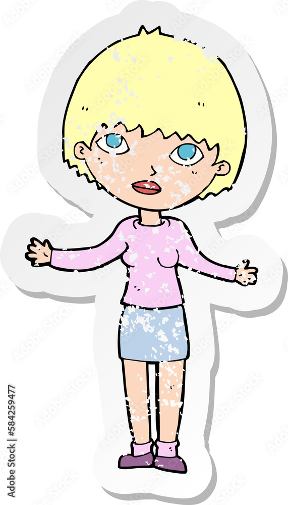 retro distressed sticker of a cartoon woman shrugging retro distressed sticker of a cartoon woman shrugging