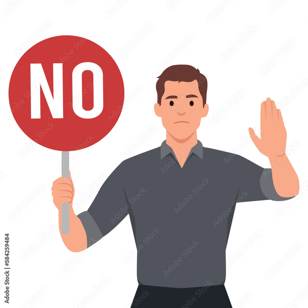 Stop sign and rejection concept. Young serious man cartoon character standing with red sign stop in hands and showing his palm with refusing emotion Stop sign and rejection concept. Young serious man cartoon character standing with red sign stop in hands and showing his palm with refusing emotion