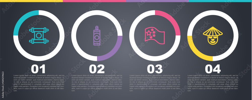 Set line Decree, paper, parchment, scroll, Firework, China flag and Chinese man. Business infographic template. Vector Set line Decree, paper, parchment, scroll, Firework, China flag and Chinese man. Business infographic template. Vector