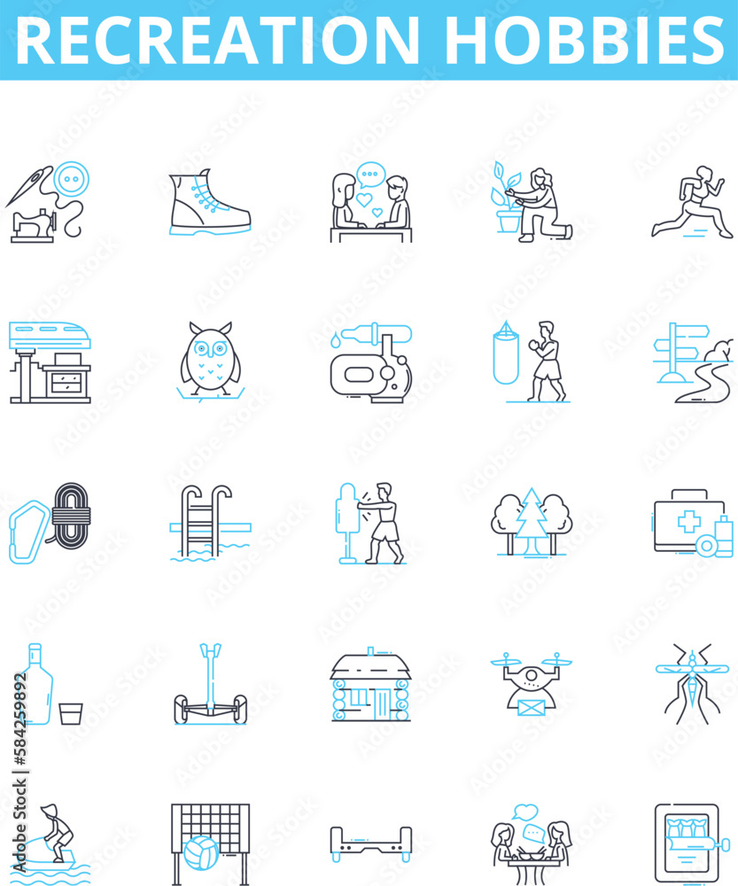 Recreation hobbies vector line icons set. Sports, Games, Camping, Fishing, Cooking, Biking, Hiking illustration outline concept symbols and signs Recreation hobbies vector line icons set. Sports, Games, Camping, Fishing, Cooking, Biking, Hiking illustration outline concept symbols and signs