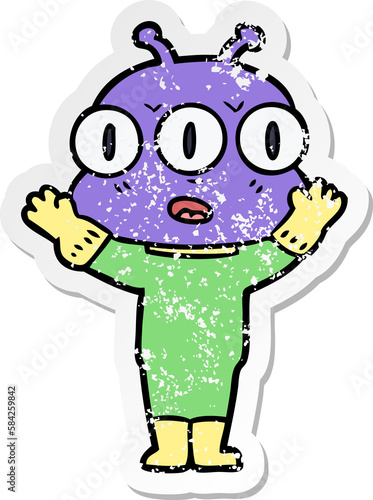 distressed sticker of a cartoon three eyed alien photo