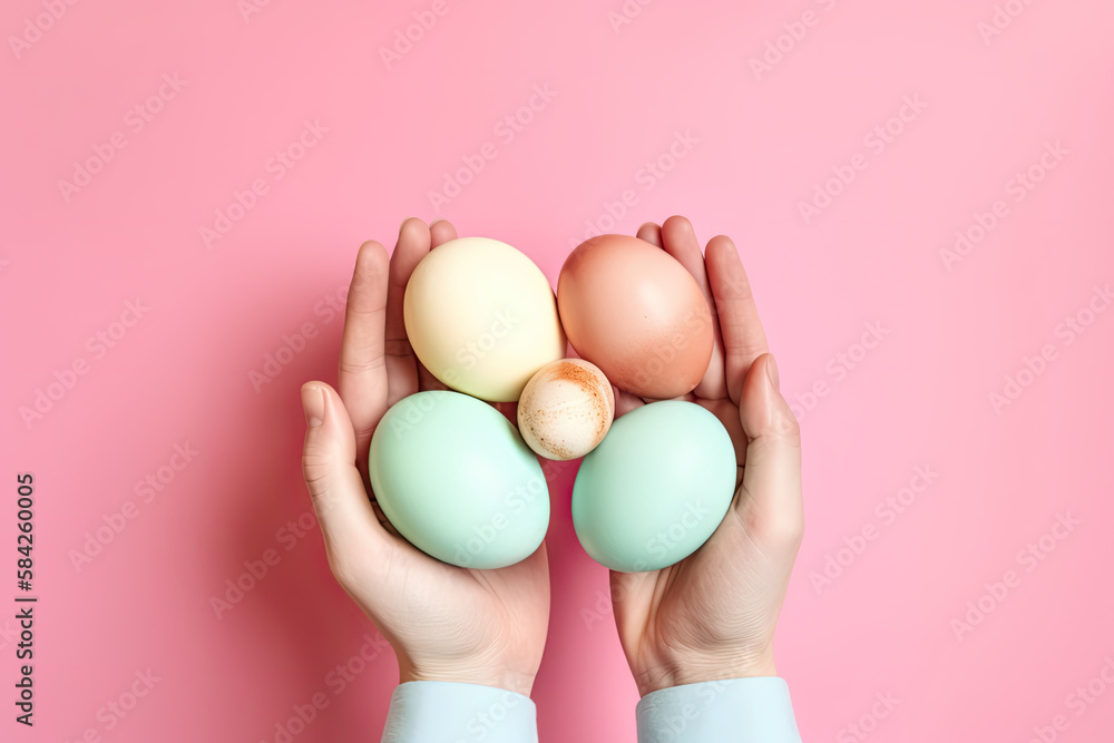 Colorful Easter eggs holding hands on pink background