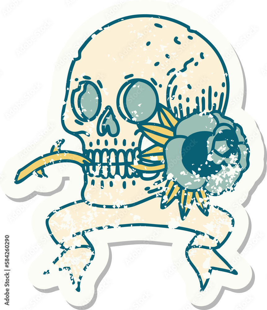 grunge sticker with banner of a skull and rose grunge sticker with banner of a skull and rose