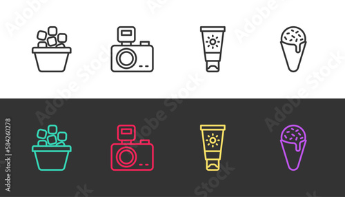 Set line Ice bucket, Photo camera with flash, Sunscreen cream in tube and waffle cone on black and white. Vector