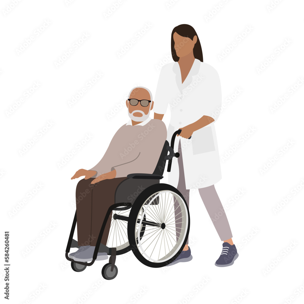 Person in wheelchair. An elderly man and a nurse. A person with disabilities vector illustration. Person in wheelchair. An elderly man and a nurse. A person with disabilities vector illustration.