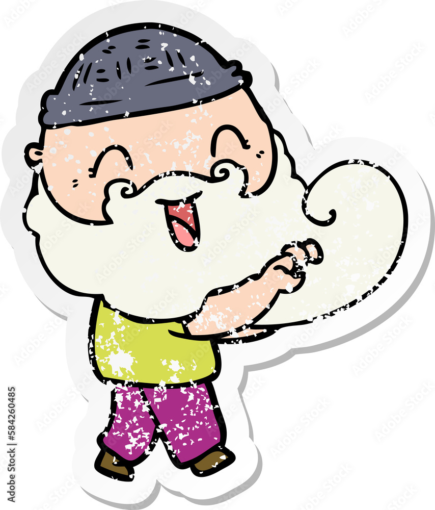 distressed sticker of a happy bearded man grabbing distressed sticker of a happy bearded man grabbing