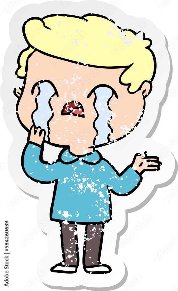 distressed sticker of a cartoon man crying