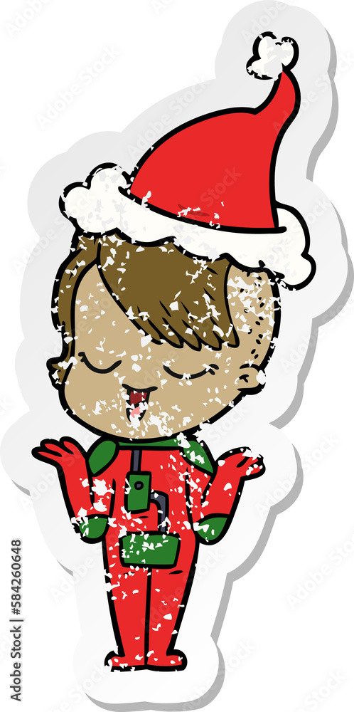 happy distressed sticker cartoon of a girl in space suit wearing santa hat happy distressed sticker cartoon of a girl in space suit wearing santa hat