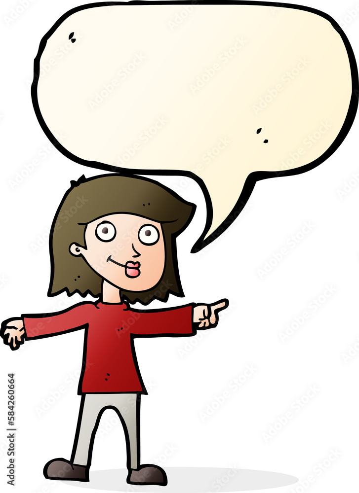 cartoon happy woman pointing with speech bubble cartoon happy woman pointing with speech bubble
