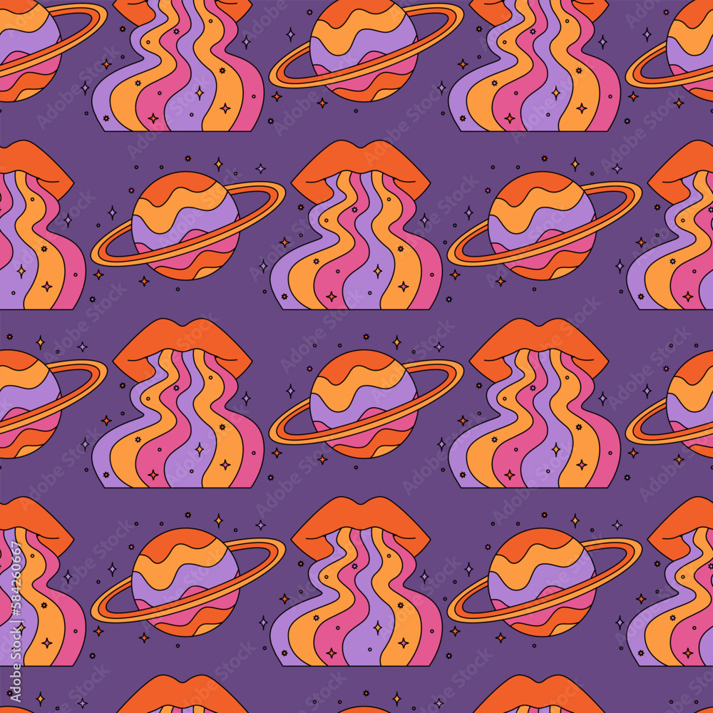 Seamless pattern with abstract psychedelic rainbow lips and planets ...