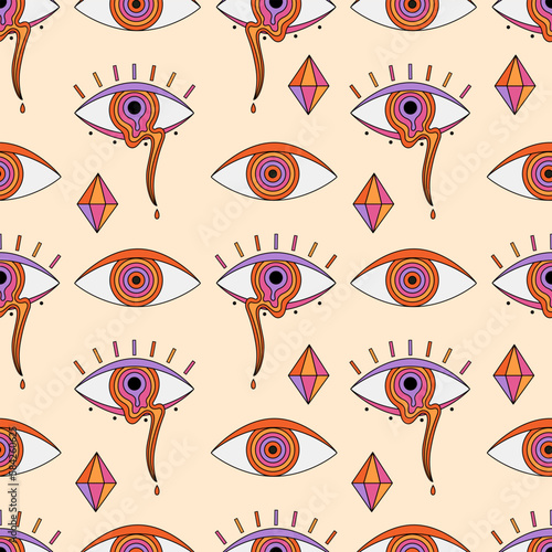 Abstract psychedelic seamless pattern with eye illustrations in 70s and 80s style. Hypnosis concept background, trippy art. Vintage hippie texture. Groovy vector graphic.