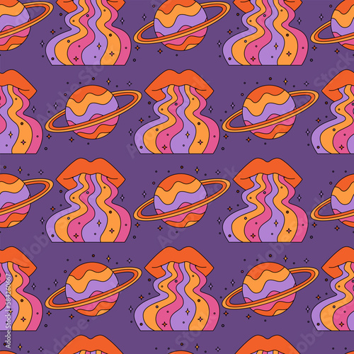Seamless pattern with abstract psychedelic rainbow lips and planets. 70s and 80s space background. Trippy art. Vintage hippie texture. Groovy vector graphic.