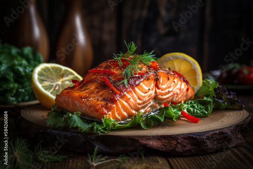 One piece of baked salmon grilled pepper lemon and salt on a brown plate with lettuce leaves. wooden table background. AI Generative