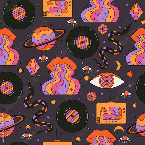 Seamless pattern with abstract psychedelic retro elements. 70s and 80s geometric space background. Trippy art. Vintage hippie texture. Groovy vector graphic.