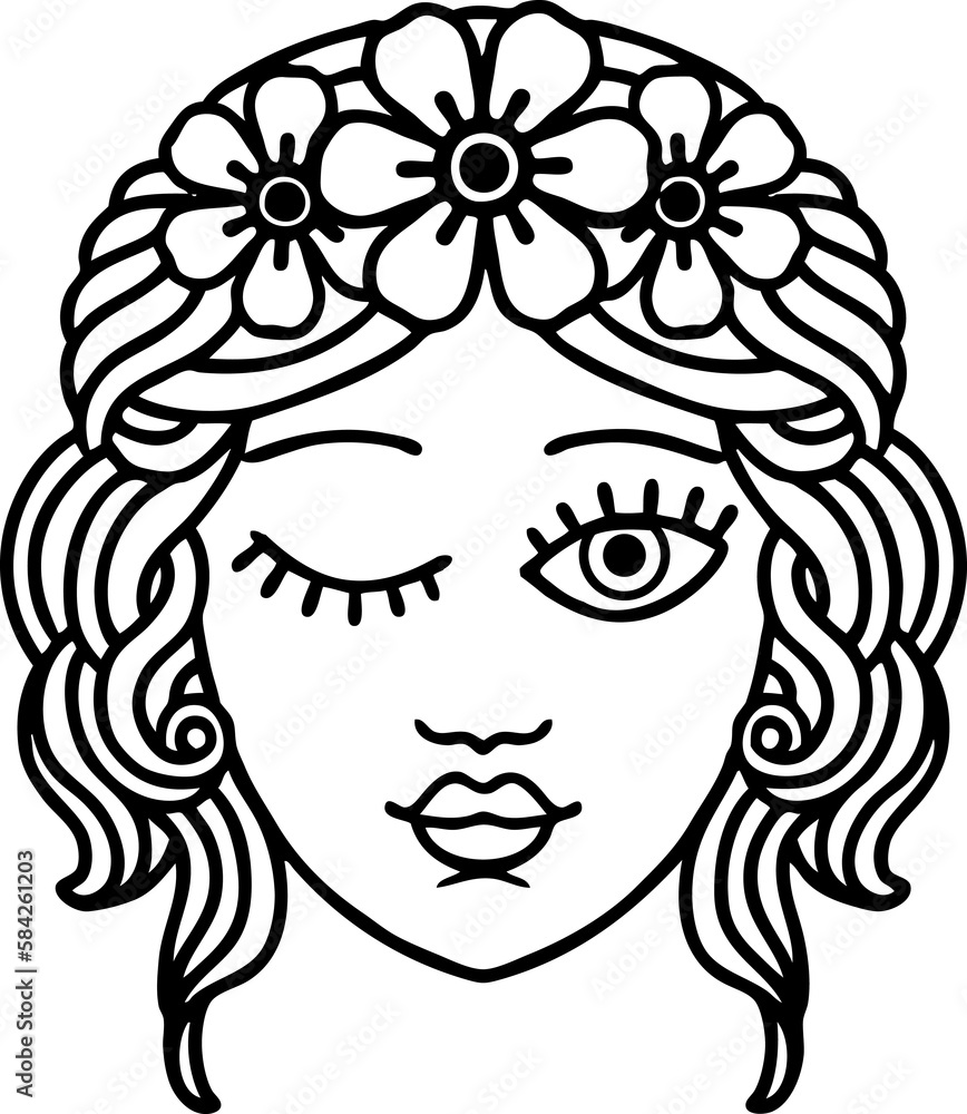 black line tattoo of a maidens face winking black line tattoo of a maidens face winking