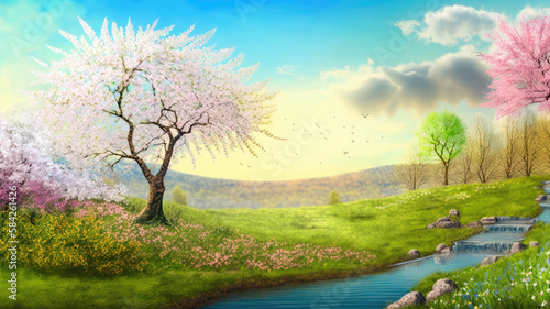 Illustration of a spring landscape with blooming trees. Generative AI