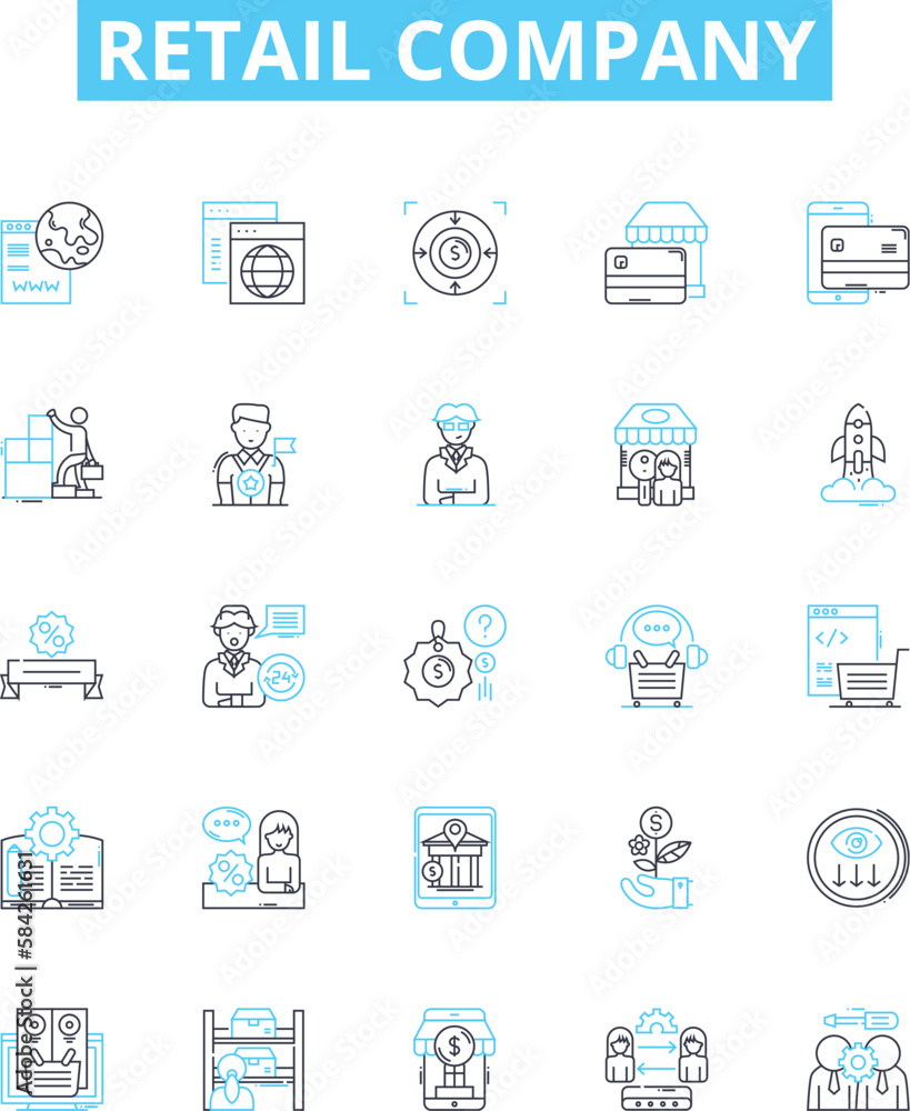 Retail company vector line icons set. Retailer, Store, Marketplace, Shopping, Merchandising, Marketplace, Outlet illustration outline concept symbols and signs