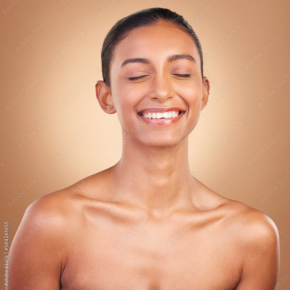 Skincare, beauty and face of Indian woman with eyes closed for wellness, healthy skin and facial treatment. Dermatology, luxury spa and isolated happy girl smile with makeup, cosmetics and wellness Skincare, beauty and face of Indian woman with eyes closed for wellness, healthy skin and facial treatment. Dermatology, luxury spa and isolated happy girl smile with makeup, cosmetics and wellness